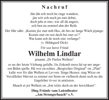 Anzeige von Wilhelm Lindlar von  Bergisches Handelsblatt 