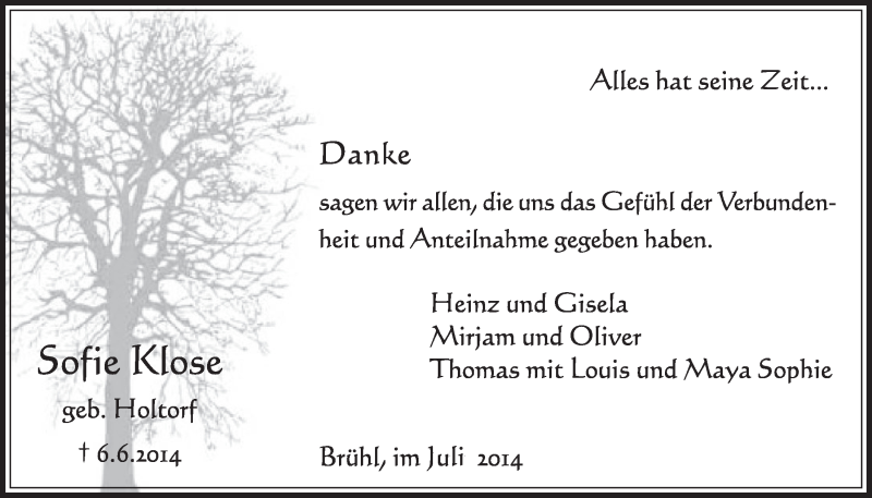  Traueranzeige für Sofie Klose vom 09.07.2014 aus  Schlossbote/Werbekurier 