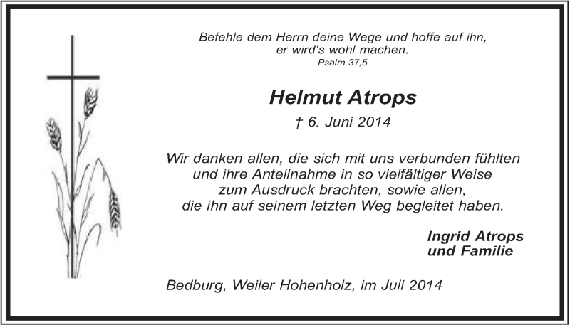  Traueranzeige für Helmut Atrops vom 09.07.2014 aus  Werbepost 