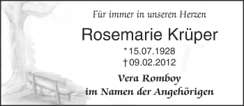 Anzeige von Rosemarie Krüper von  Kölner Wochenspiegel 