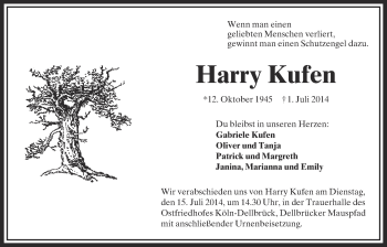 Anzeige von Harry Kufen von  Kölner Wochenspiegel 