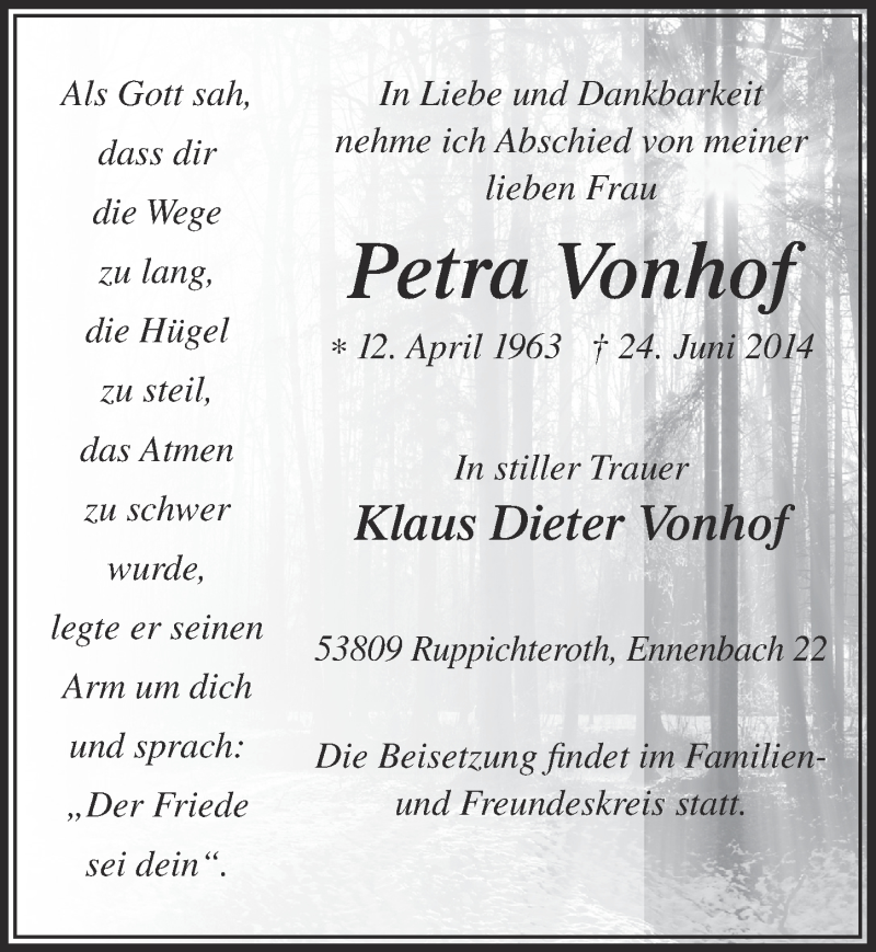  Traueranzeige für Petra Vonhof vom 09.07.2014 aus  Lokalanzeiger 