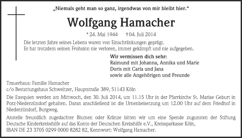  Traueranzeige für Wolfgang Hamacher vom 09.07.2014 aus  Kölner Wochenspiegel 