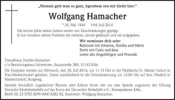 Anzeige von Wolfgang Hamacher von  Kölner Wochenspiegel 