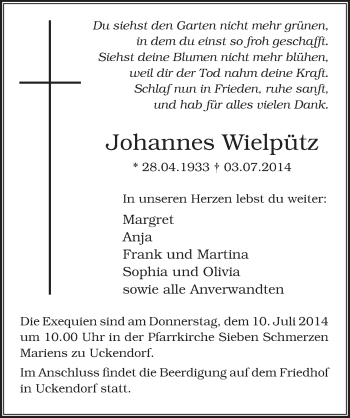 Anzeige von Johannes Wielpütz von  Extra Blatt 