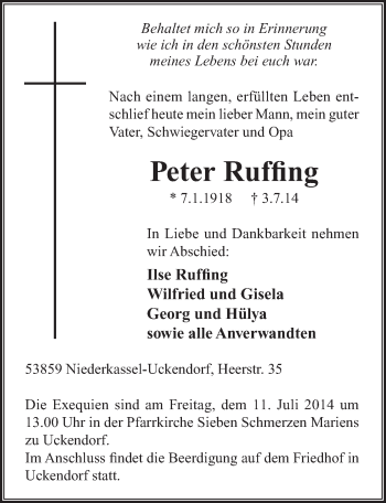 Anzeige von Peter Ruffing von  Extra Blatt 