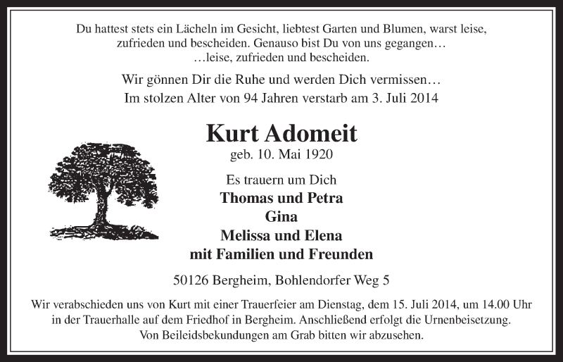  Traueranzeige für Kurt Adomeit vom 09.07.2014 aus  Werbepost 