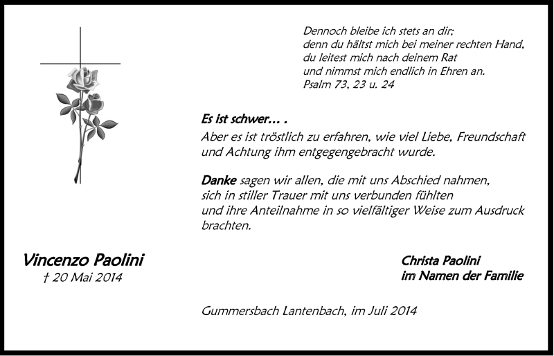  Traueranzeige für Vincenzo  Paolini vom 09.07.2014 aus  Anzeigen Echo 