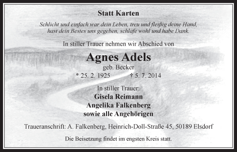  Traueranzeige für Agnes Adels vom 09.07.2014 aus  Werbepost 