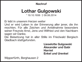 Anzeige von Lothar Gulgowski von  Anzeigen Echo 