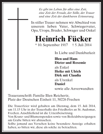 Anzeige von HeinrichHeinrich Fücker von  Wochenende 