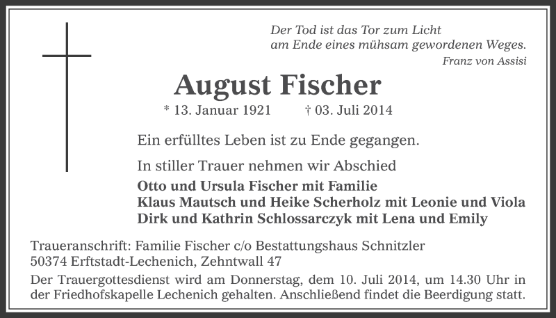  Traueranzeige für August Fischer vom 09.07.2014 aus  Werbepost 