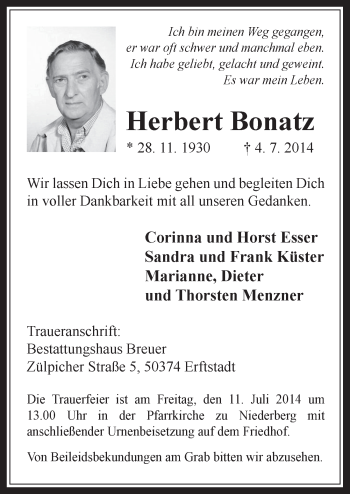Anzeige von Herbert Bonatz von  Werbepost 