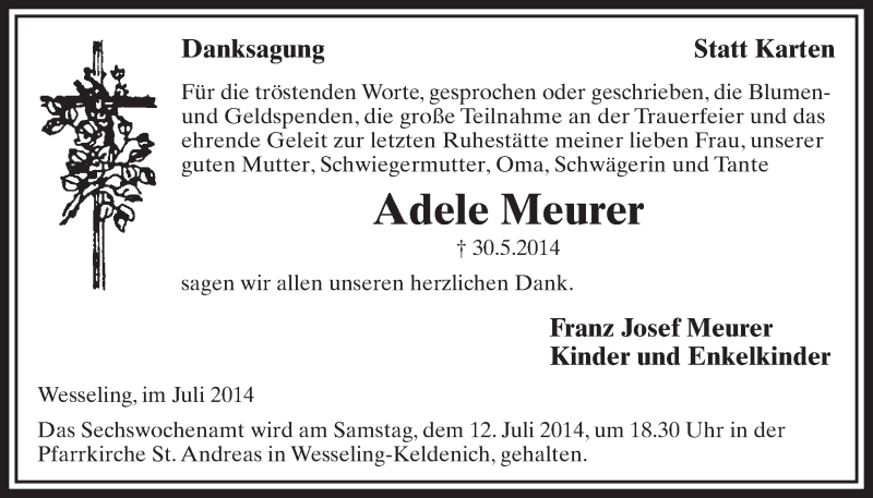  Traueranzeige für Adele Meurer vom 09.07.2014 aus  Schlossbote/Werbekurier 