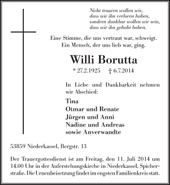 Anzeige von Willi Borutta von  Extra Blatt 