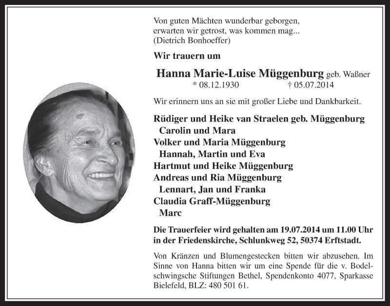  Traueranzeige für Hanna Marie-Luise Müggenburg vom 16.07.2014 aus  Schlossbote/Werbekurier  Werbepost 