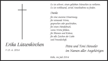 Anzeige von Erika Lützenkirchen von  Kölner Wochenspiegel 