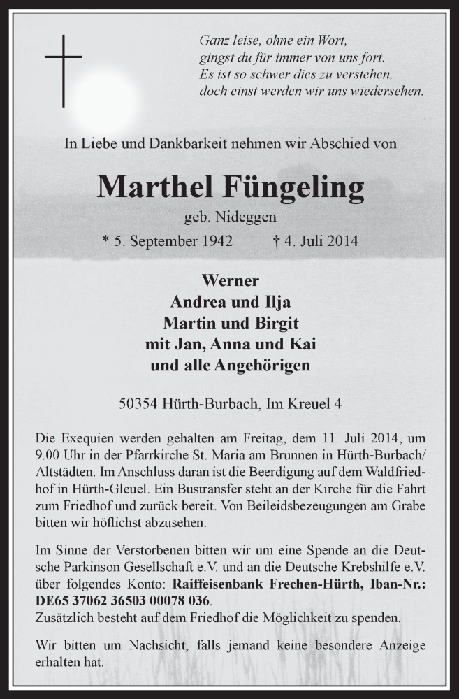  Traueranzeige für Marthel Füngeling vom 09.07.2014 aus  Wochenende 