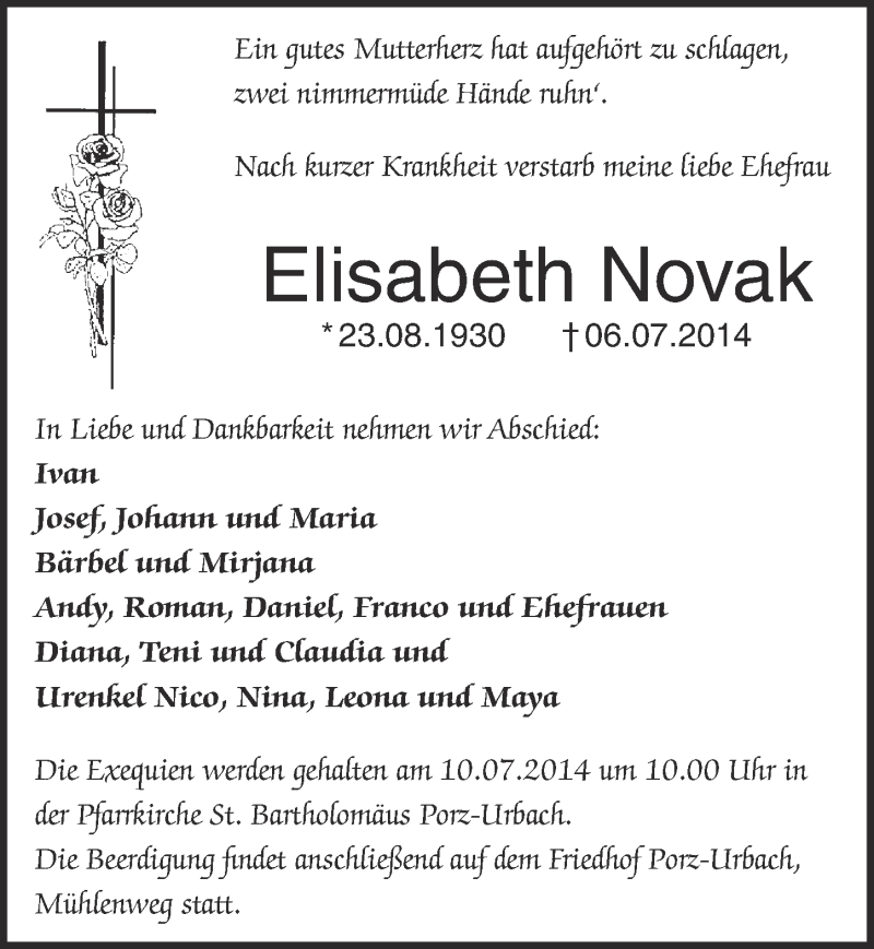  Traueranzeige für Elisabeth Novak vom 09.07.2014 aus  Kölner Wochenspiegel 
