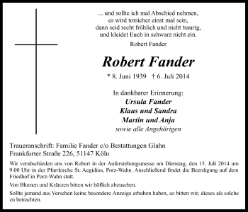 Anzeige von Robert Fander von  Kölner Wochenspiegel 