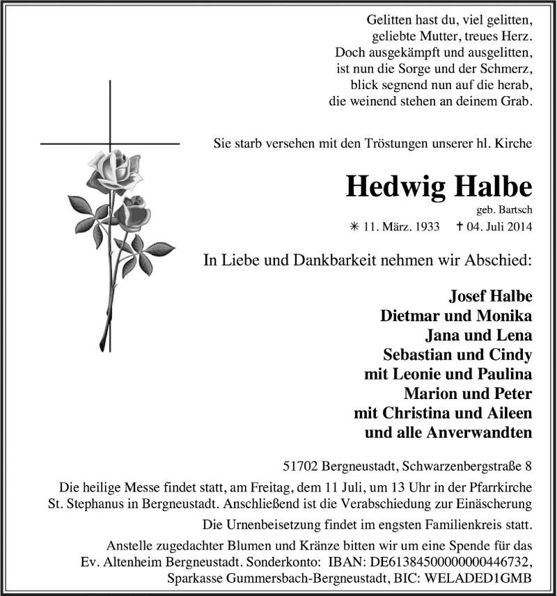  Traueranzeige für Hedwig Halbe vom 09.07.2014 aus  Anzeigen Echo 