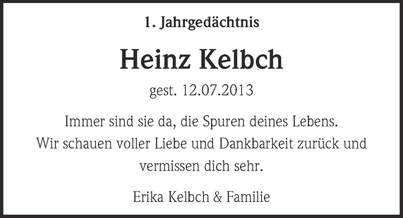  Traueranzeige für Heinz Kelbch vom 09.07.2014 aus  Kölner Wochenspiegel 
