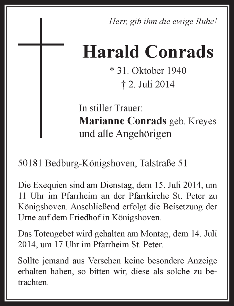  Traueranzeige für Harald Conrads vom 09.07.2014 aus  Werbepost 