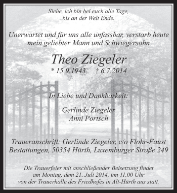 Anzeige von Theo Ziegeler von  Wochenende 