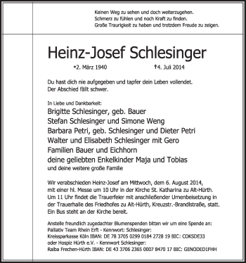 Anzeige von Heinz-Josef SChlesinger von  Sonntags-Post 