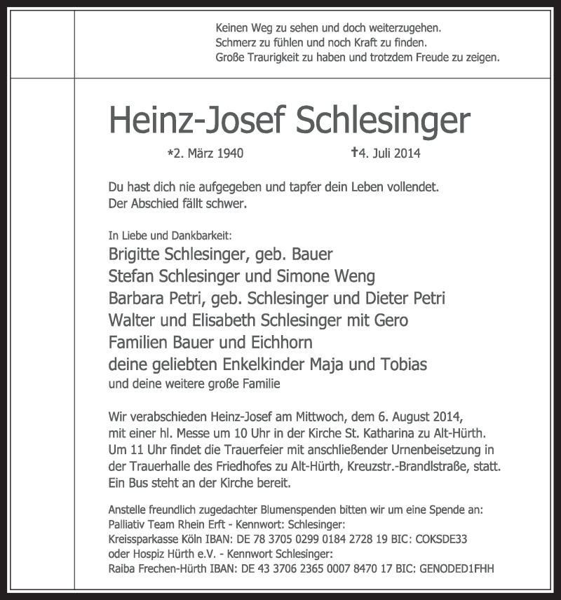  Traueranzeige für Heinz-Josef SChlesinger vom 30.07.2014 aus  Wochenende 