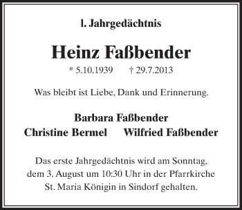 Anzeige von Heinz Faßbender von  Sonntags-Post 