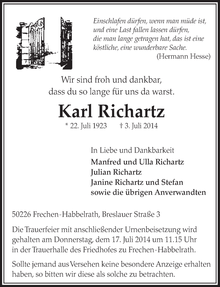  Traueranzeige für Karl Richartz vom 12.07.2014 aus  Sonntags-Post 