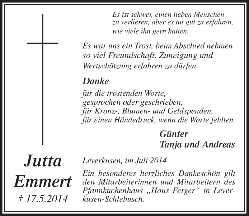  Traueranzeige für Jutta Emmert vom 16.07.2014 aus  Lokale Informationen 