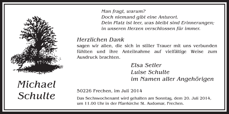  Traueranzeige für Michael Schulte vom 12.07.2014 aus  Sonntags-Post 