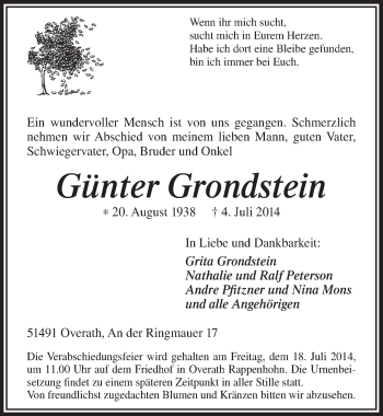 Anzeige von Günter Grondstein von  Bergisches Sonntagsblatt 