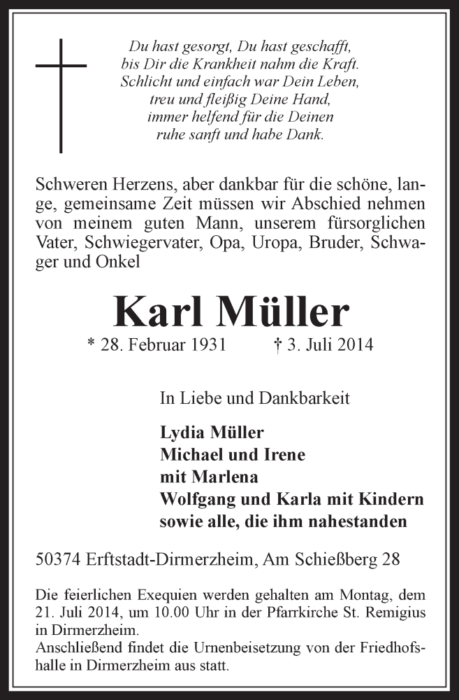  Traueranzeige für Karl Müller vom 16.07.2014 aus  Werbepost 
