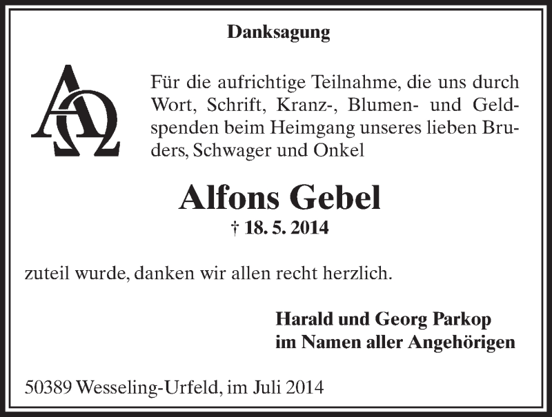  Traueranzeige für Alfons Gebel vom 16.07.2014 aus  Schlossbote/Werbekurier 