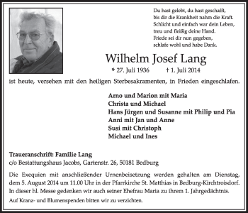 Anzeige von Wilhelm Josef Lang von  Sonntags-Post 