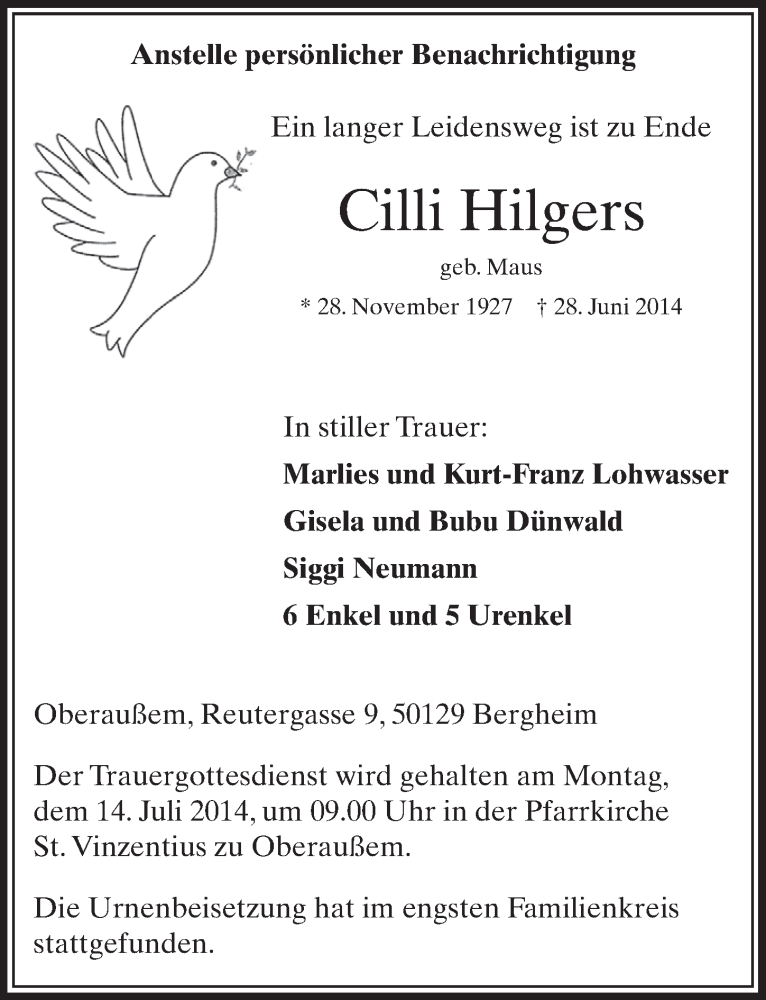 Traueranzeige für Cilli Hilgers vom 12.07.2014 aus  Sonntags-Post 