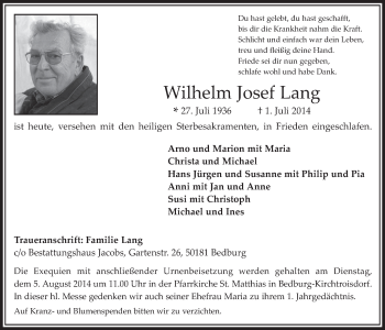 Anzeige von Wilhelm Josef Lang von  Werbepost 