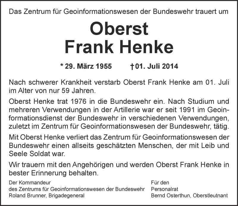  Traueranzeige für Frank Henke vom 13.07.2014 aus  Blickpunkt Euskirchen 