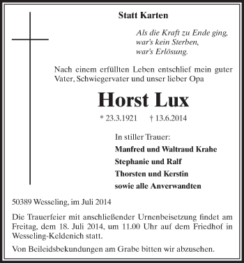 Anzeige von Horst Lux von  Schlossbote/Werbekurier 