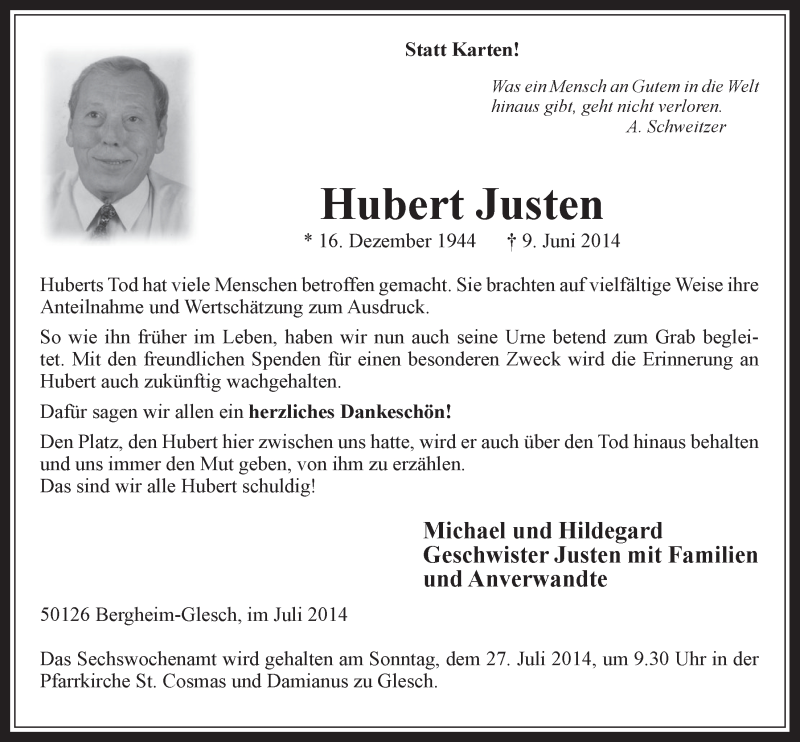  Traueranzeige für Hubert Justen vom 16.07.2014 aus  Wochenende  Werbepost 
