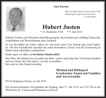 Anzeige von Hubert Justen von  Wochenende  Werbepost 