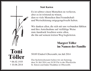 Anzeige von Toni Töller von  Werbepost 