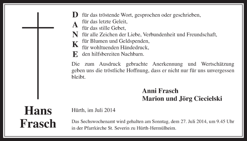  Traueranzeige für Hans Frasch vom 16.07.2014 aus  Wochenende 