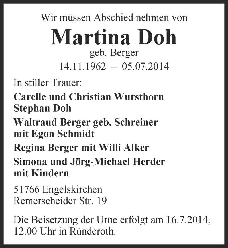  Traueranzeige für Martina Doh vom 16.07.2014 aus  Anzeigen Echo 