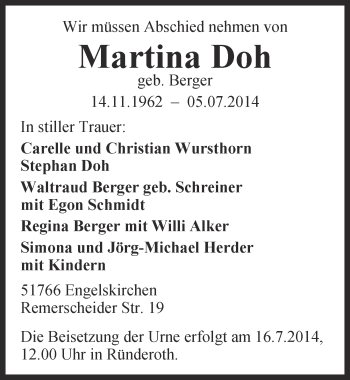 Anzeige von Martina Doh von  Anzeigen Echo 
