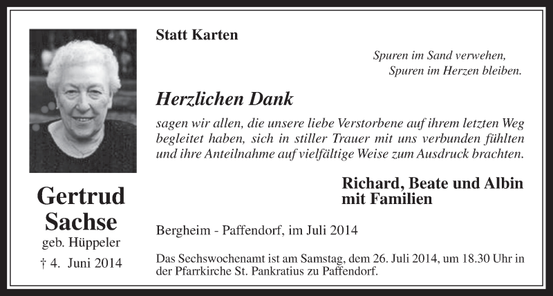  Traueranzeige für Gertrud Sachse vom 16.07.2014 aus  Werbepost 