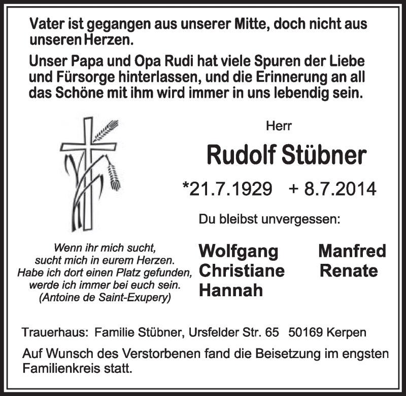  Traueranzeige für Rudolf Stübner vom 12.07.2014 aus  Sonntags-Post 